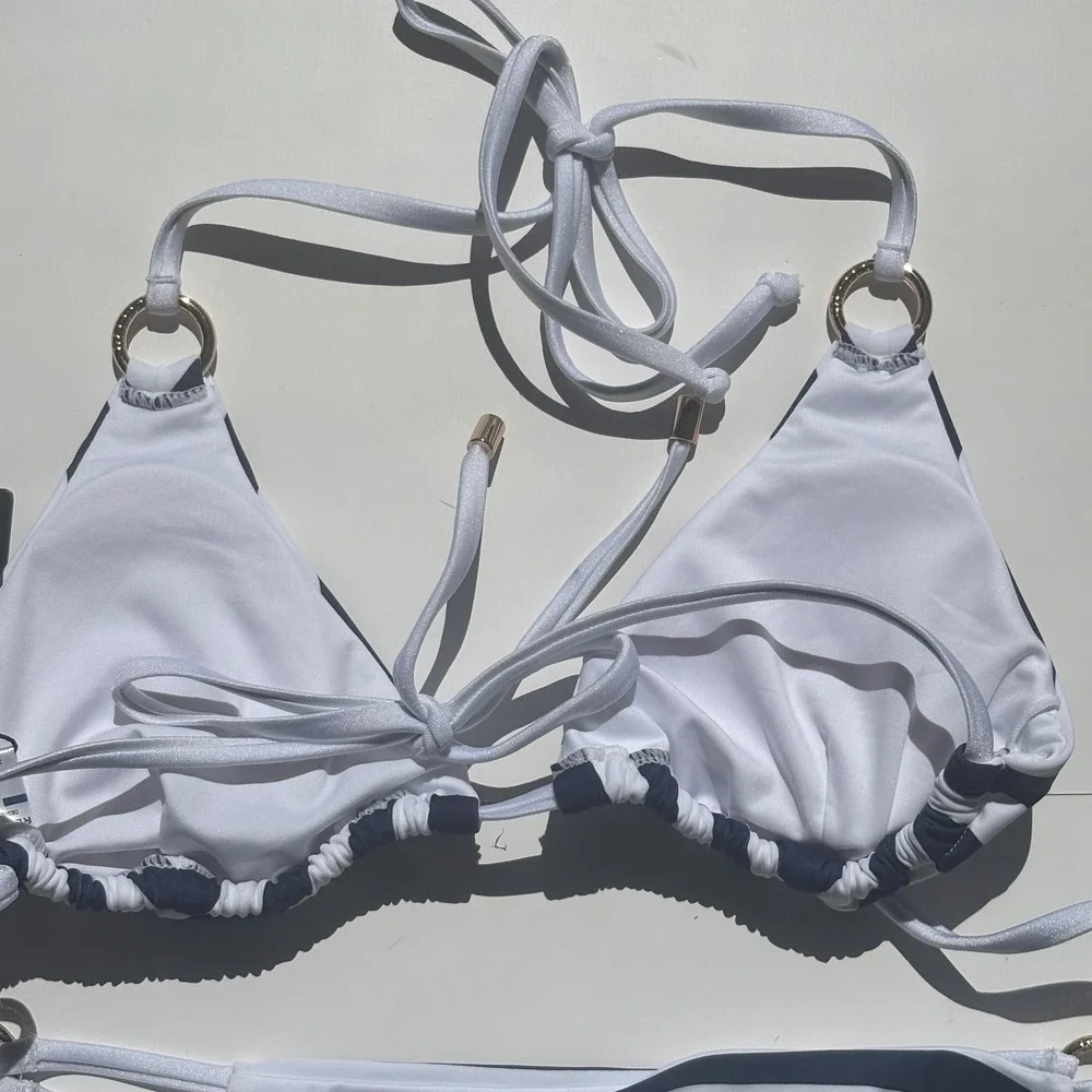 RELLECIGA Womens Striped Triangle Bikini Set Navy Blue White Size Small